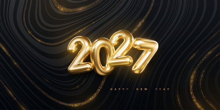 Happy New 2027 Year. Vector holiday illustration. Golden numbers 2027 on black wavy background with glitters. Festive event banner. Wavy topographic backdrop.