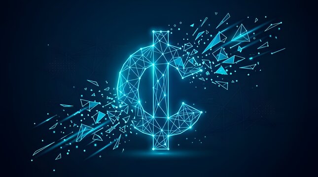 Glowing Digital Wireframe Ghana Cedi Currency Sign Dissolving into Cyber Polygon Particles on Dark Tech Background