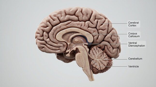 Sagittal Section of Human Brain Anatomy showing Cerebral Cortex and Cerebellum Concept
