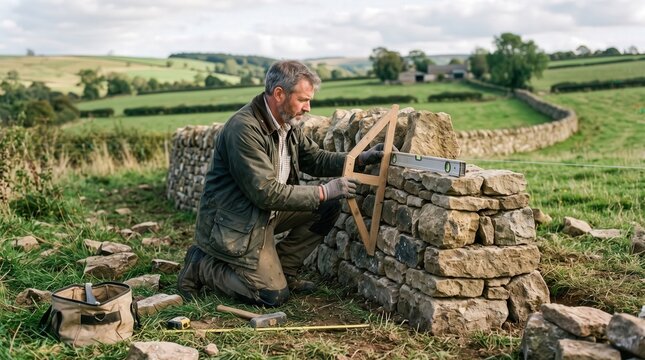 Craftsman building a traditional stone wall in a rural landscape