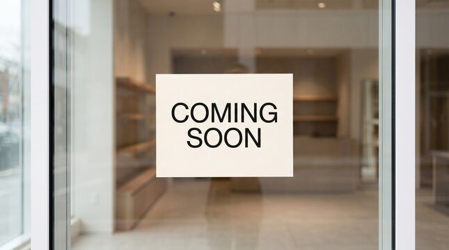 Coming soon sign on a glass door of a modern empty retail store front with shop window store opening grand opening retail space business venture
