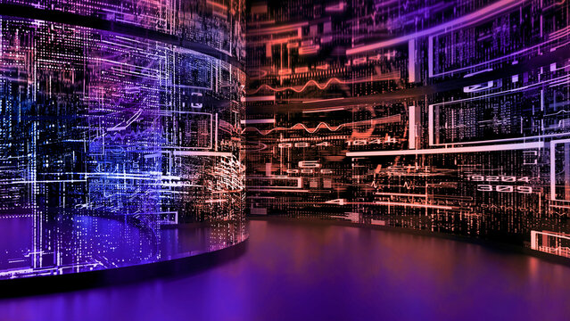 Futuristic server room with glowing digital data visualization. Abstract technology background with cyber security interface and big data flow, 3d render