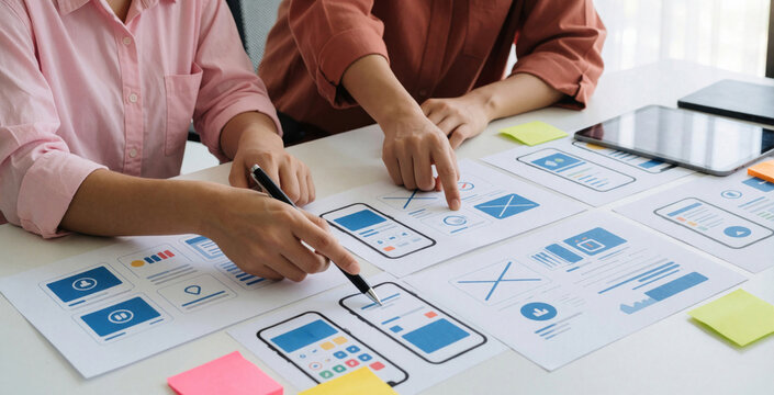 Team of UI UX designers work together on mobile app layouts. Colleagues discuss website interface design during creative brainstorming session in office. People use paper prototypes, sketches to plan