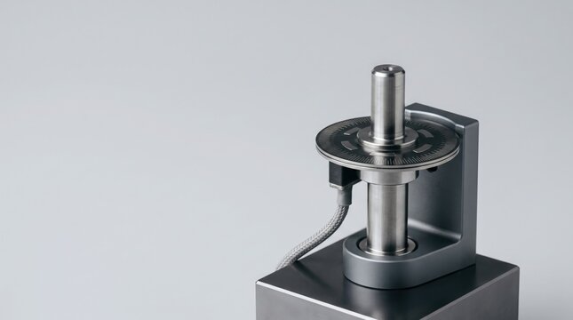 Industrial Rotary Encoder Sensor on Gray Background.