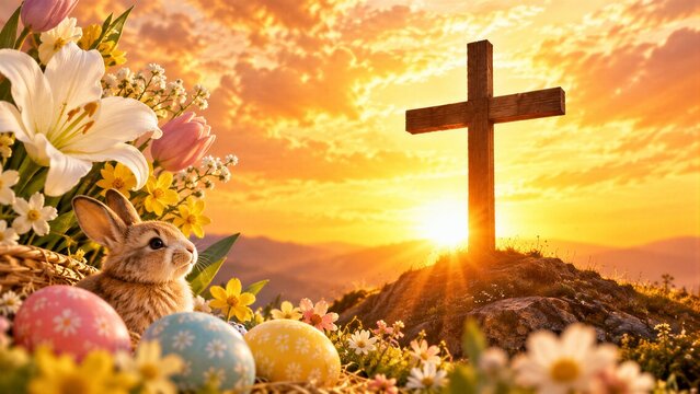 A solitary wooden cross stands on a hill, silhouetted against a vibrant sunrise sky, symbolizing Easter resurrection and Christian faith during Holy Week.
