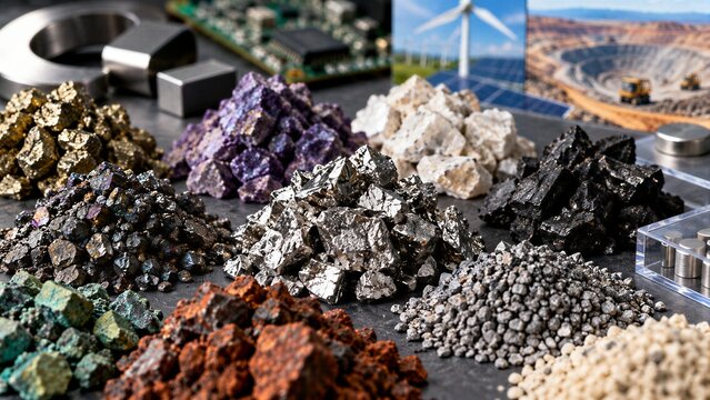 Neodymium and other rare earth minerals in small extracted piles, highlighting their critical significance for contemporary technological industries, renewable energy, and future