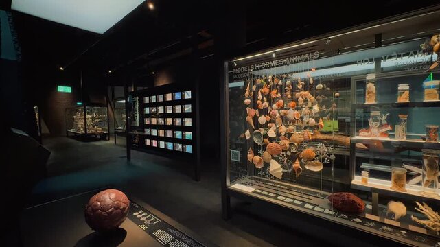 A natural history museum glass display case showcasing biological specimens preserved in formaldehyde jars, including various marine creatures, insects, and anatomical oddities arranged neatly 