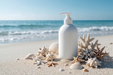 Obraz premium White pump bottle sits on sandy beach surrounded by seashells and coral. Gentle ocean waves wash ashore under bright blue sky. Perfect for summer skincare and travel promotions.