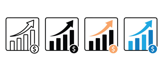 Obraz premium Set of four financial growth bar chart icons featuring rising arrows and dollar currency symbols in various color styles for business