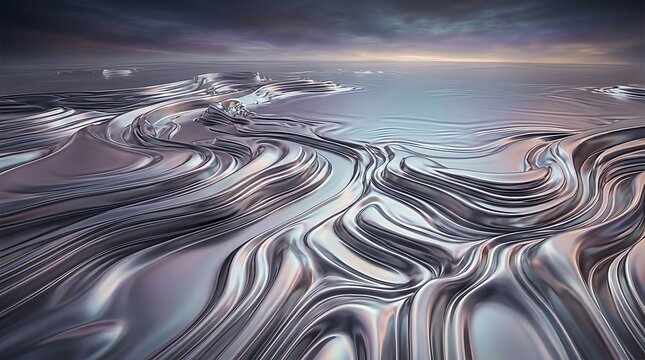 Abstract metallic liquid surface with flowing, reflective waves under a dramatic sky.