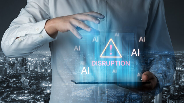 Disruption warning future of work, featuring AI agents replacing human jobs. Represents labor unemployment, corporate automation cost shift, and need for new career reskilling and upskilling. Corpus