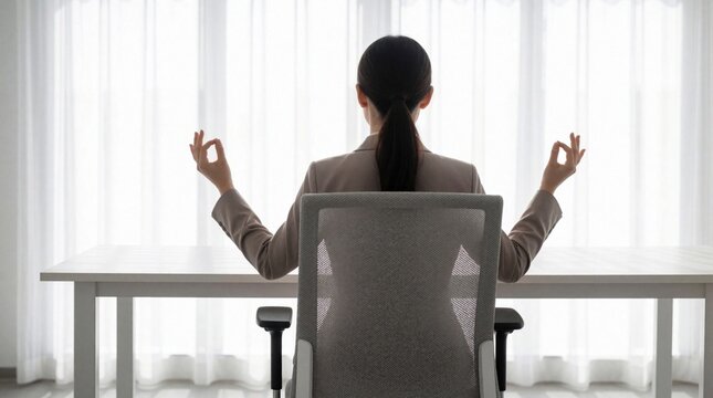 Woman in office suit meditates sitting at desk. Rear view, hands in mudra gesture. Calm employee finds inner peace during work break. Natural light illuminates room.