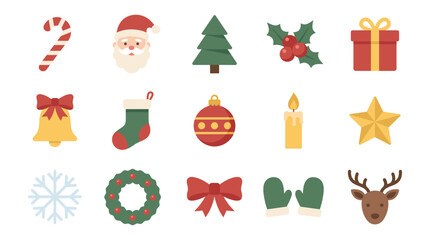 Fototapeta premium Christmas Icon Set: A collection of festive icons including Santa Claus, Christmas tree, candy cane, gift, holly, stocking, bauble, candle, star, snowflake, wreath, bow, mittens, and reindeer.