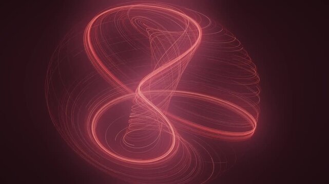 Chaotic Strange Attractor Light Trails Flowing Through Rotating 3D Phase Space seamless loop in deep ember tones