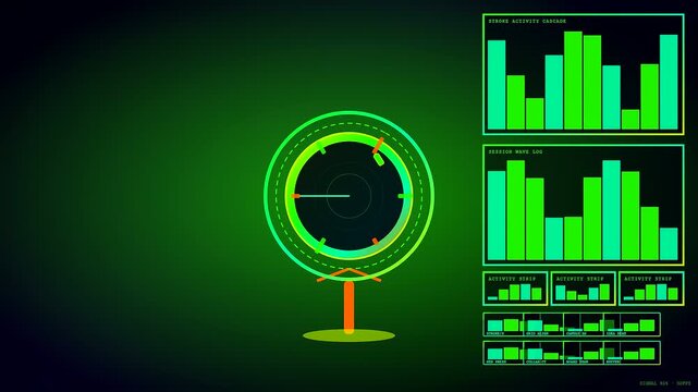 A digital whiteboard interface displays fluctuating bar charts and a rotating circular radar scanner while animated light green data points refresh across the dark screen display