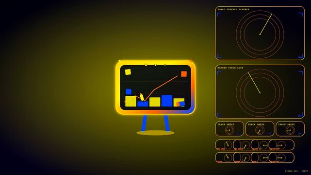 A digital whiteboard displays fluctuating data charts and neon radar scanners amidst dark atmospheric surroundings in this stylized motion graphic design for modern professional presentations