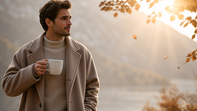 Young Caucasian man drinking coffee in autumn nature. Male model wearing beige coat and sweater holding white mug at golden hour. Fall fashion and outdoor lifestyle