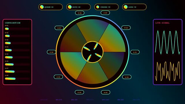 A digital whiteboard interface featuring circular radial progress trackers and fluctuating neon waveform patterns set against a dark gradient monitor display for complex data monitoring analysis