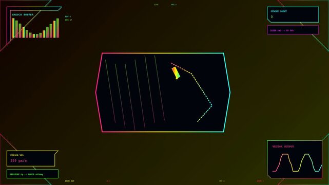 a digital whiteboard interface displays flowing motion paths and wave patterns in a dark environment with thin luminous lines forming geometric charts for data analysis