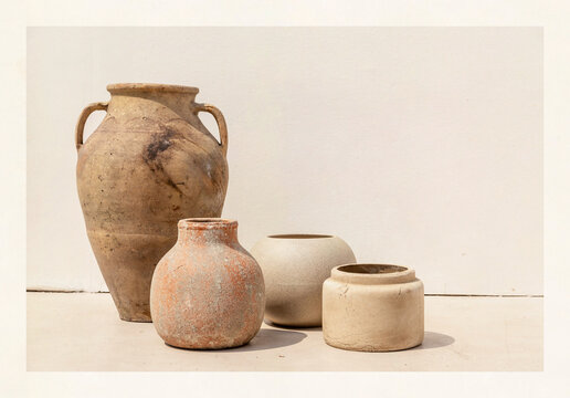 Rustic clay pots against minimalist white background poster design