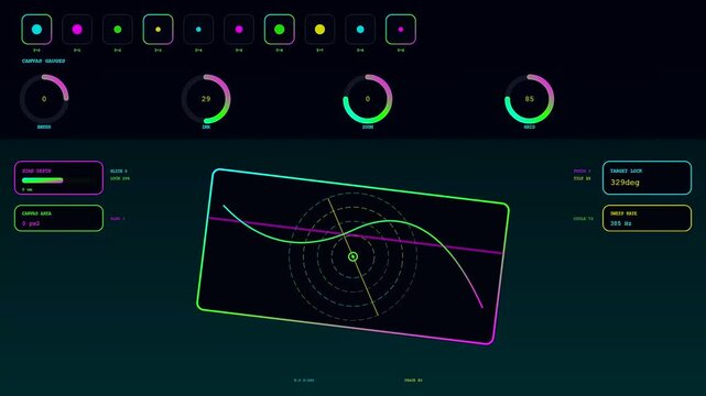 A digital whiteboard interface features glowing neon wave graphs oscillating across a dark monitor display with circular gauges and menu buttons for complex data monitoring