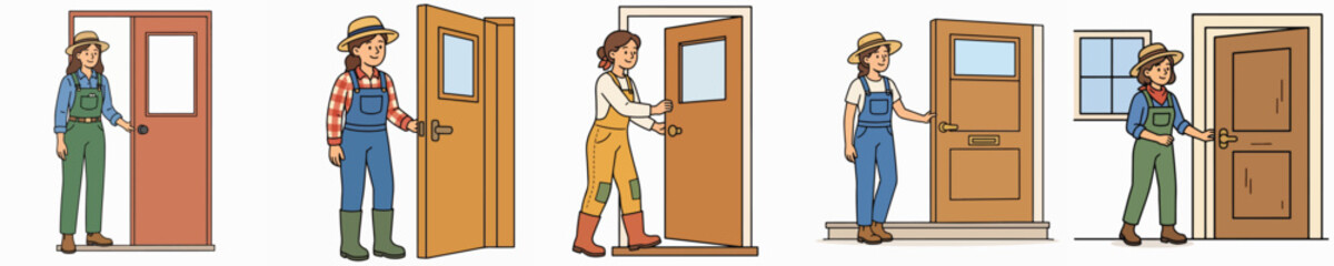 Obraz premium Set of vector illustrations of a female farmer opening a door.
