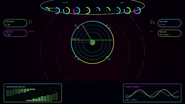 A digital whiteboard interface displays complex radar tracking systems with vibrant neon circular charts and oscillating sound waves pulsing across three distinct dark screen display panels