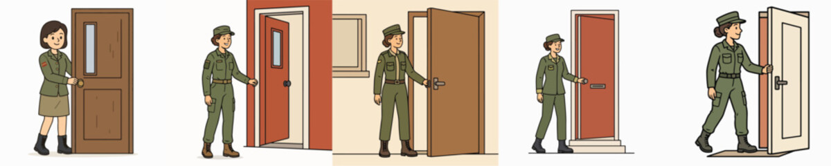 Obraz premium Set of vector illustrations of a female soldier opening a door.