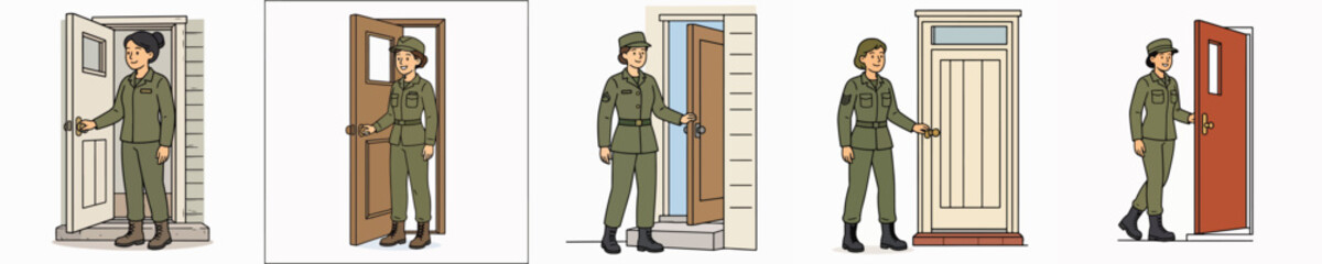 Obraz premium Set of vector illustrations of a female soldier opening a door.