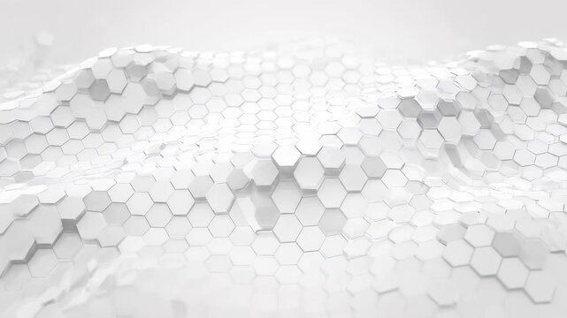 Abstract geometric landscape with hexagonal terrain in soft ambient light during a subtle camera pan