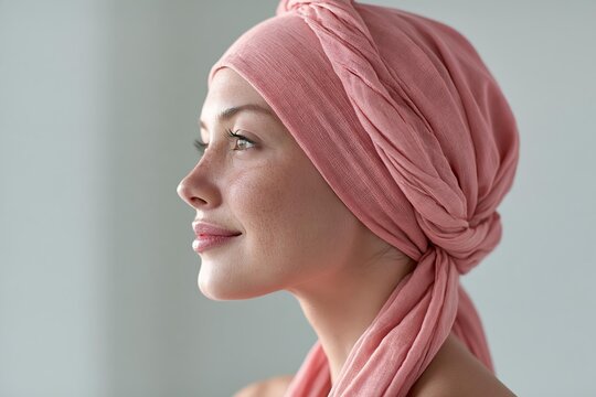 Profile view of a young woman wearing a pink turban in bright natural light