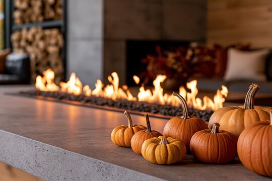 Warm autumn fire pit glowing with orange flames and small pumpkins on concrete ledge