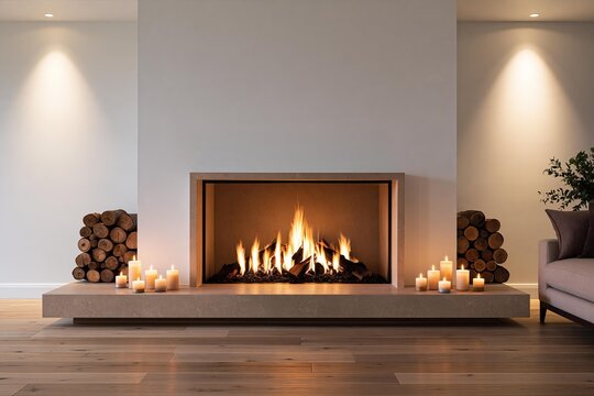 Minimalist modern stone fireplace with burning fire and stacked logs in cozy interior
