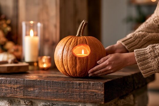 Warm glowing carved pumpkin on rustic wooden mantelpiece with candlelight and autumn decor