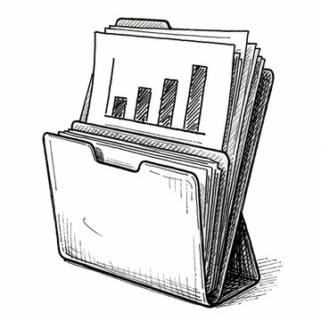 Hand drawn sketch of open office folder with paper documents. One sheet shows bar graph chart for data analysis. File contains reports, statistics, business records. Pro paperwork storage for