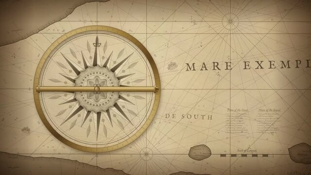 Antique nautical chart animation with rotating compass rose and cross bearing position fix