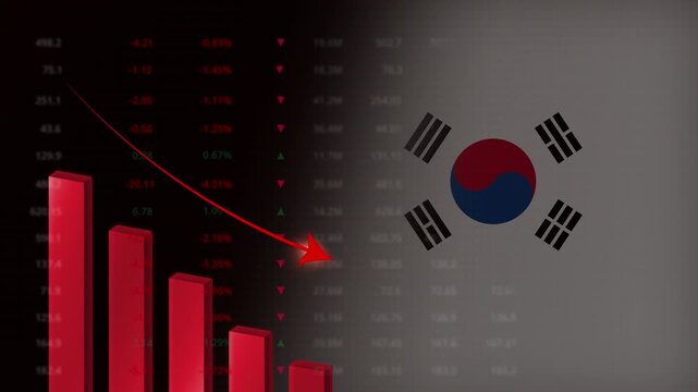 Economic crisis in South Korea concept background.Red falling graph animation with South Korean flag.Stock market crash