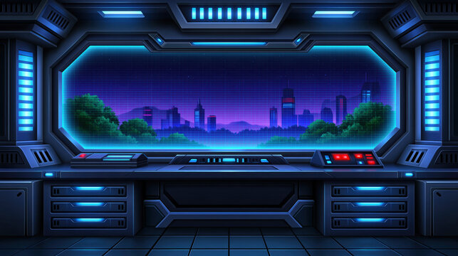 Futuristic control room with glowing blue panel and city skyline view at dusk, neon light creating sleek sci fi interior atmosphere