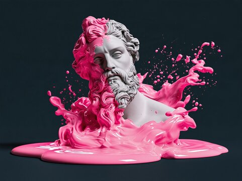 Sculpture of a man with flowing pink paint splashing around in an artistic display