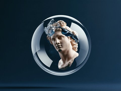 Statue head inside a clear bubble with a blue cloth on top