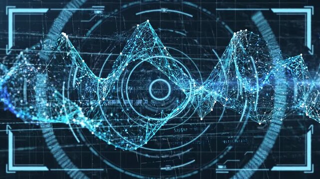 Abstract glowing blue sound wave data stream with digital futuristic HUD elements during a dark night
