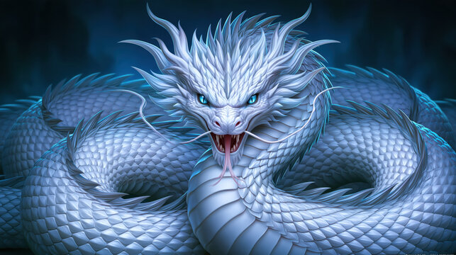 White dragon coiled serpent fantasy creature blue scale sharp fang open mouth fierce gaze magical beast mythical animal fantasy art
