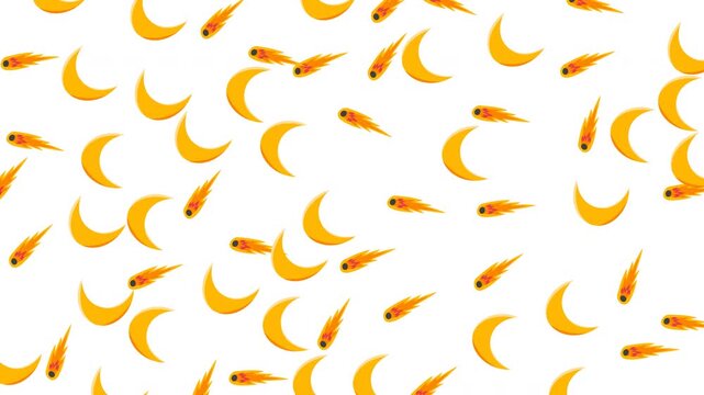 Seamless pattern with crescent moons and falling meteors on white background