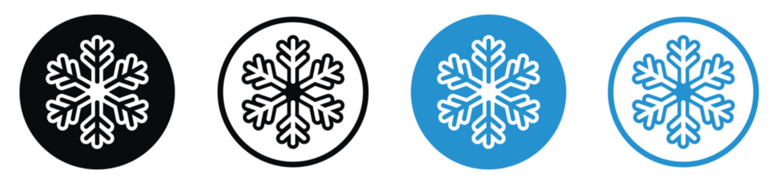 Clean simple snowflake icon set in black and blue circle badges. Flat vector illustration for winter season, cold weather, freezing temperature, cooling system, Christmas, and snow design.