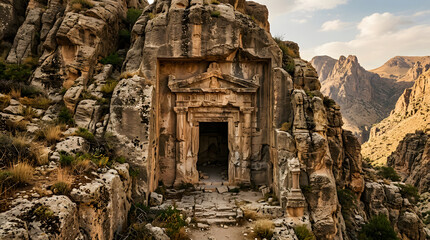 Fototapeta premium Detailed square-topped ancient tomb carved into golden rock.