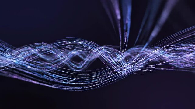 Abstract glowing fiber optic strands flowing in wavy patterns against a dark background during a digital data stream