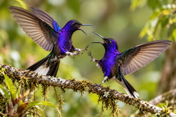 Fototapeta premium Violet Sabrewing Hummingbirds Fighting with Wings Spread in Tropical Forest