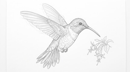Obraz premium Hummingbird pencil sketch illustration in flight near flower isolated on white background