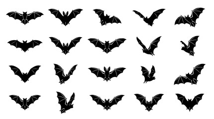 Fototapeta premium Set of black bat silhouettes in various flight poses for Halloween design.