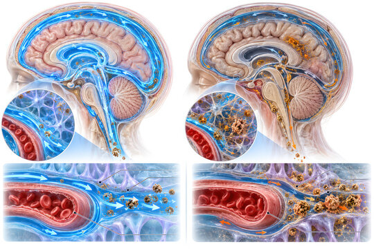 Brain Glymphatic System and Waste Clearance Comparison Medical Illustration